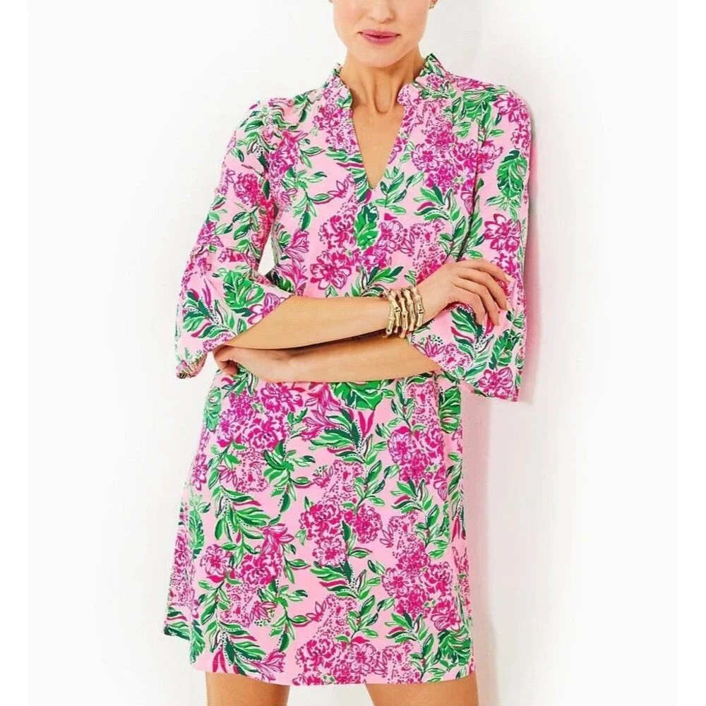 Lilly Pulitzer Hayes Conch Shell Ruffle Mini Dress Floral Print Cotton L 288174 - Picture 2 of 10